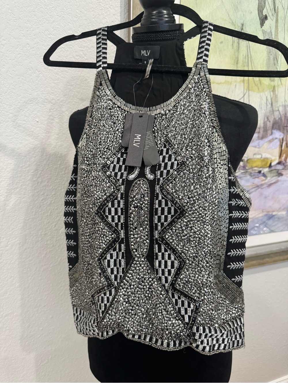MLV Black and Silver Beaded Geometric Halter Camisole
